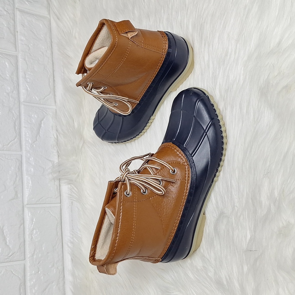 Brown and Navy Water Duck Boot Lace Up with Faux Fur Lining Rubber Boot
